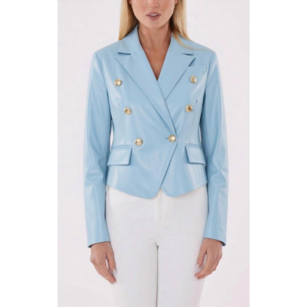 NEW DOLCE CABO cropped faux leather double breasted blazer in light blue